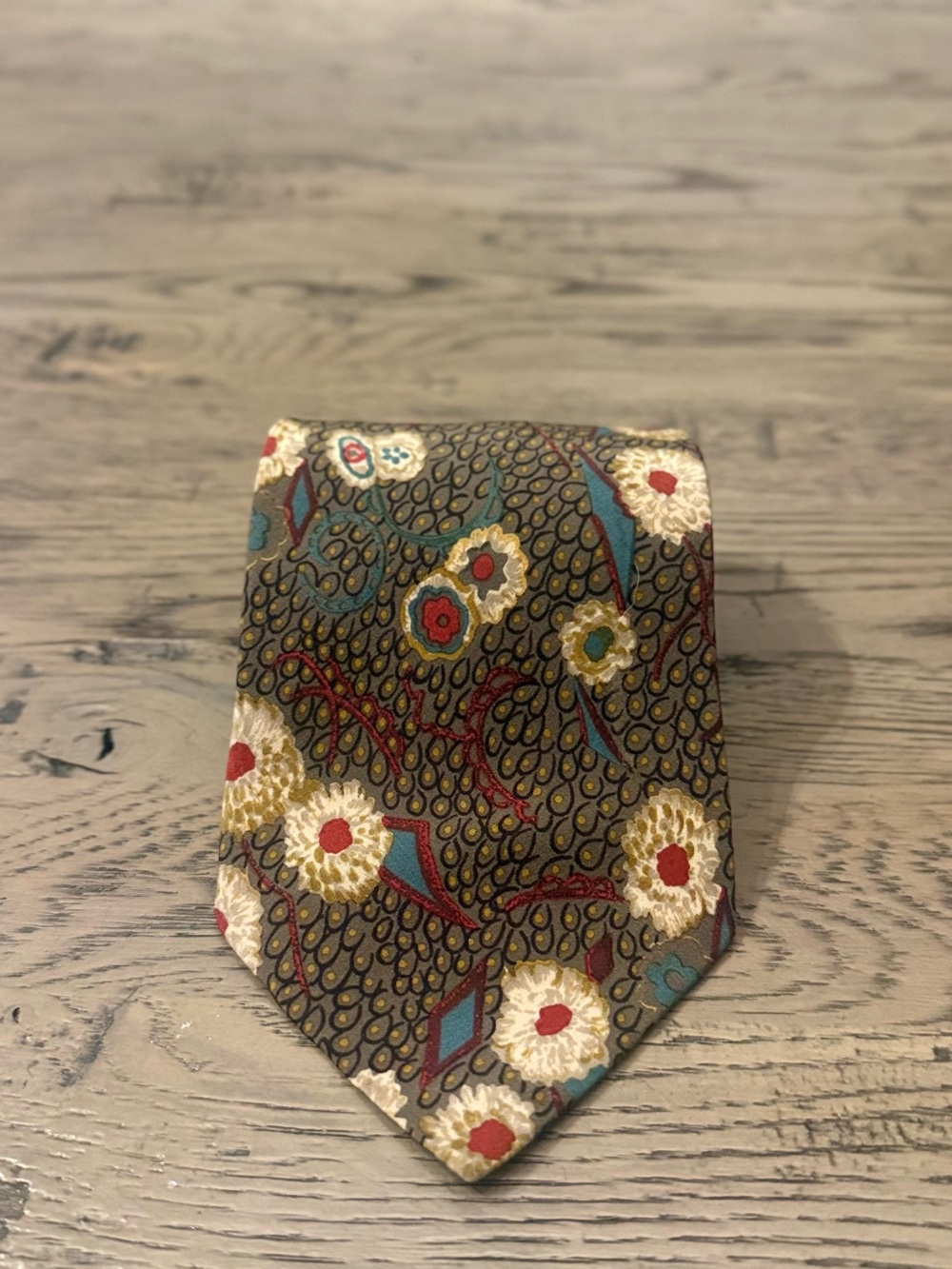 Vintage Valentino Floral Silk Tie in Olive, Cream, Red and Teal